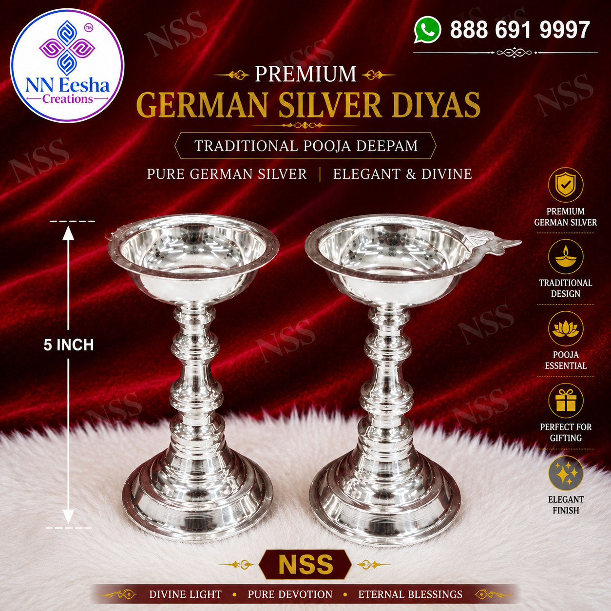 German Silver 5 Inch Diya  Traditional Pooja Deepam