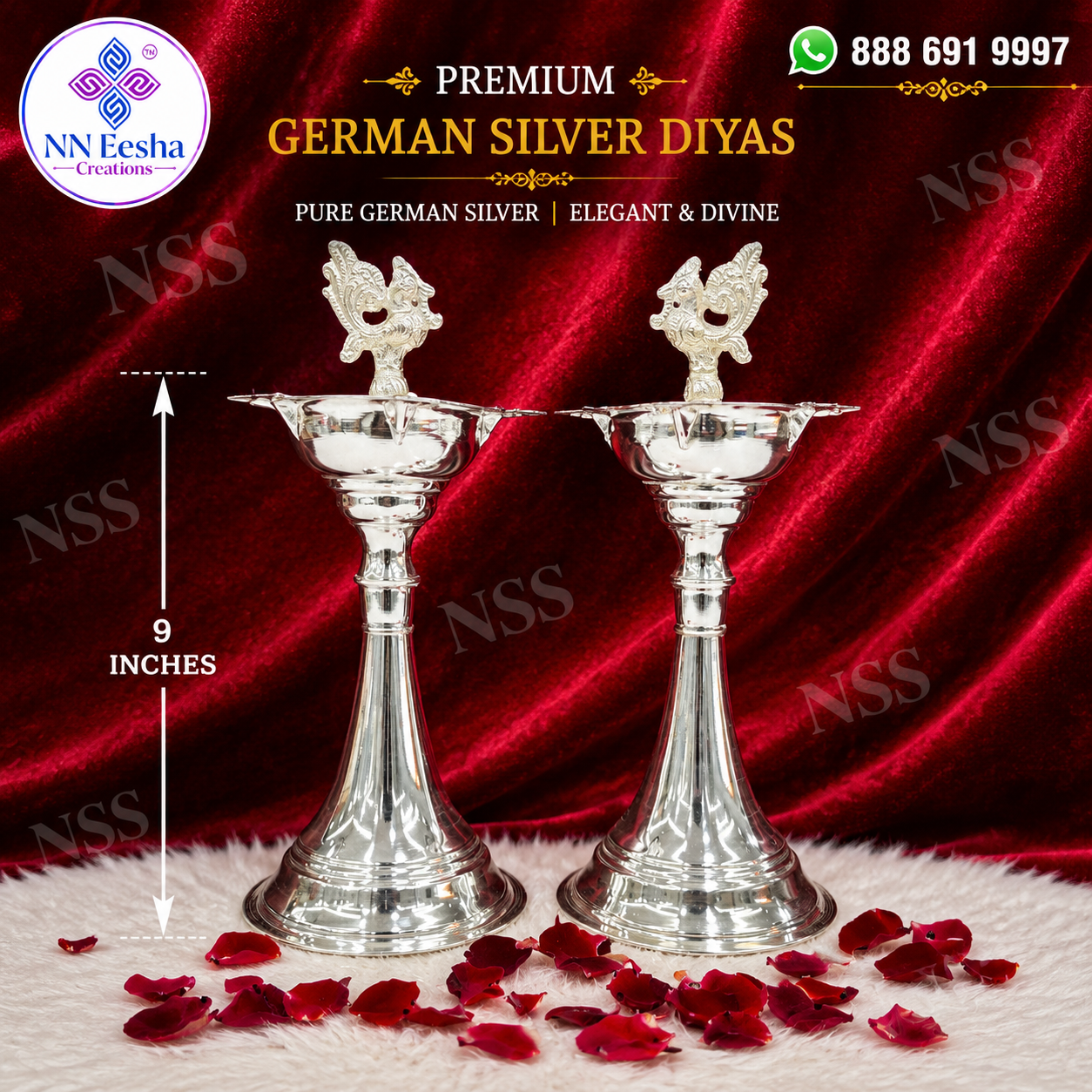 German Silver 9 Inch Diyas | Traditional Pooja Deepam | NN Eesha Creations