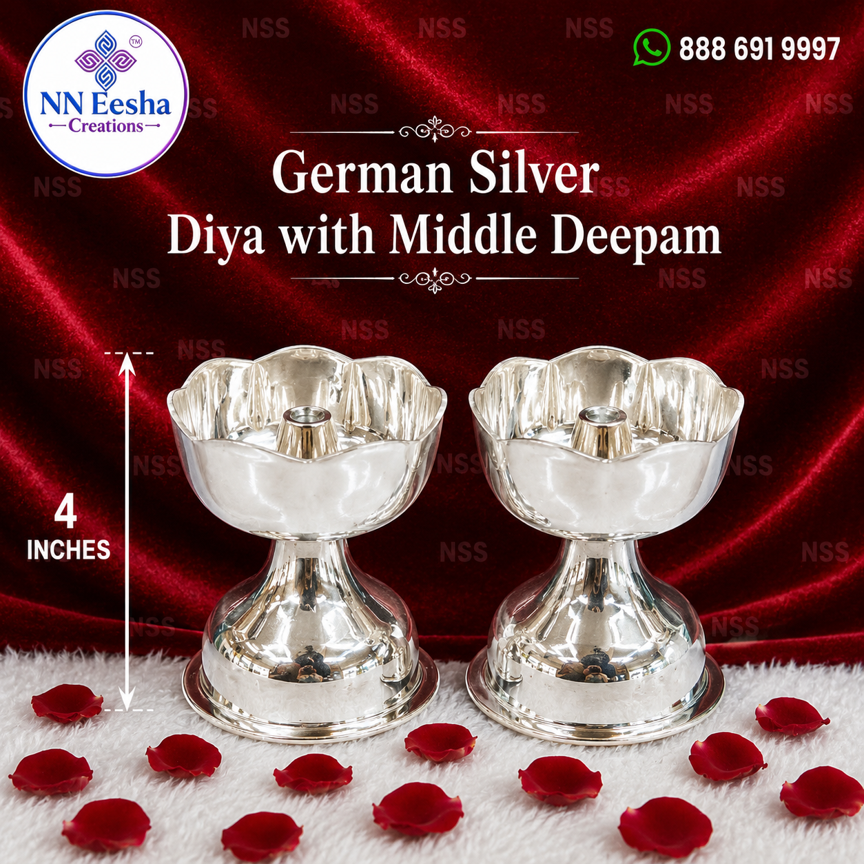 German Silver Diya with Middle Deepam 4 Inches